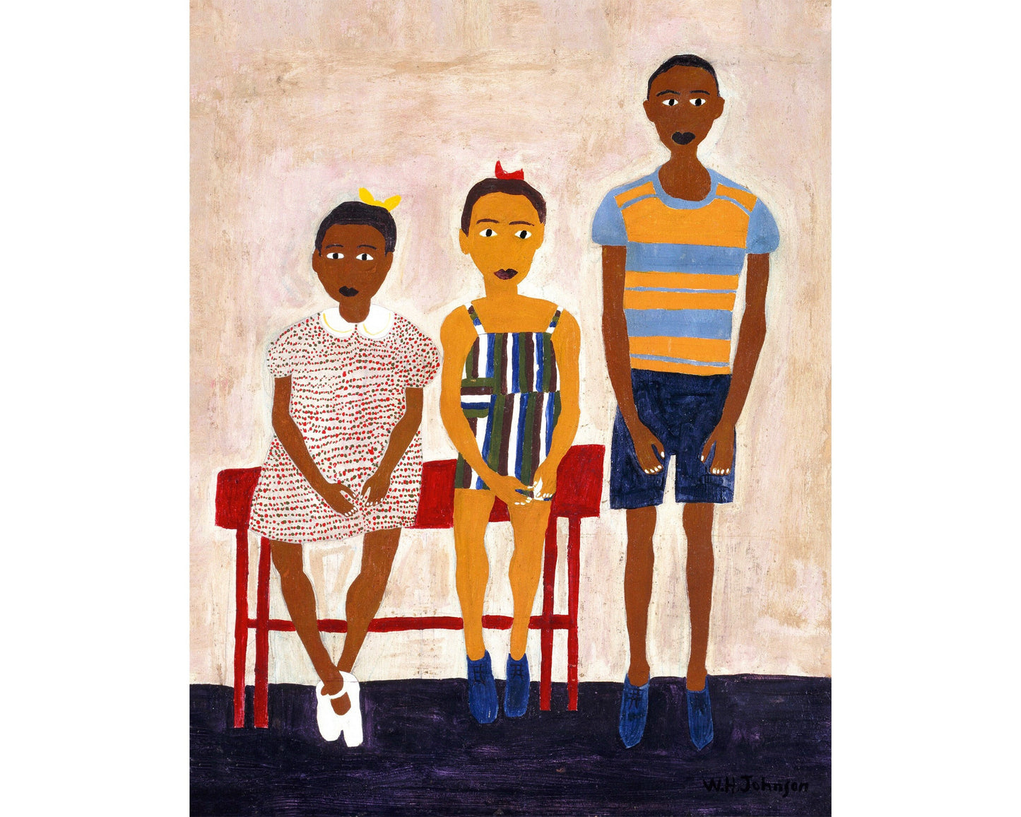 Portrait of 3 children | 1944 | Vintage African American folk art | Black artist | Primitive Americana wall art | Person of color art