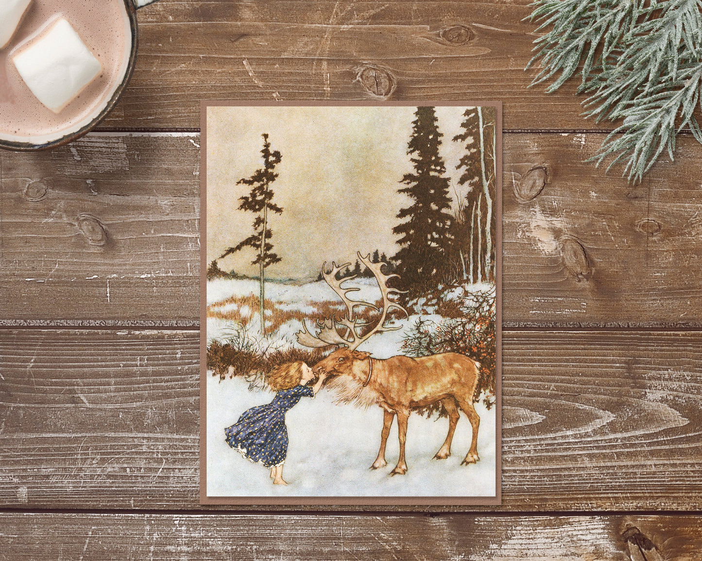 Gerta and the Reindeer Card | 1911 | Winter greeting card | Vintage holiday card | Christmas card | Fairytale art