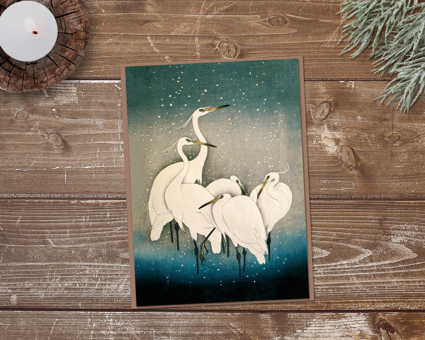 Egrets in snow card | 20 c. | Winter greeting card | Vintage Japanese holiday art | Christmas card | Blank inside