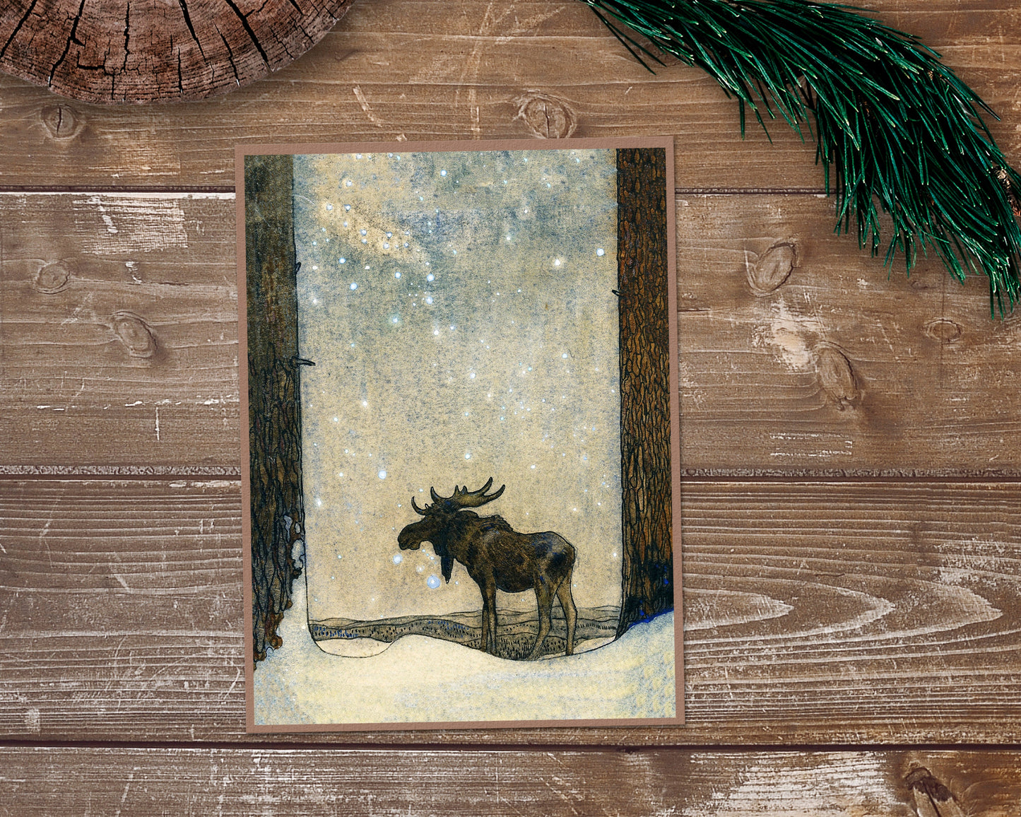 Snowy Moose card | 1913 | Winter Greeting | Vintage holiday card | Christmas card | Fairytale art | Blank Inside