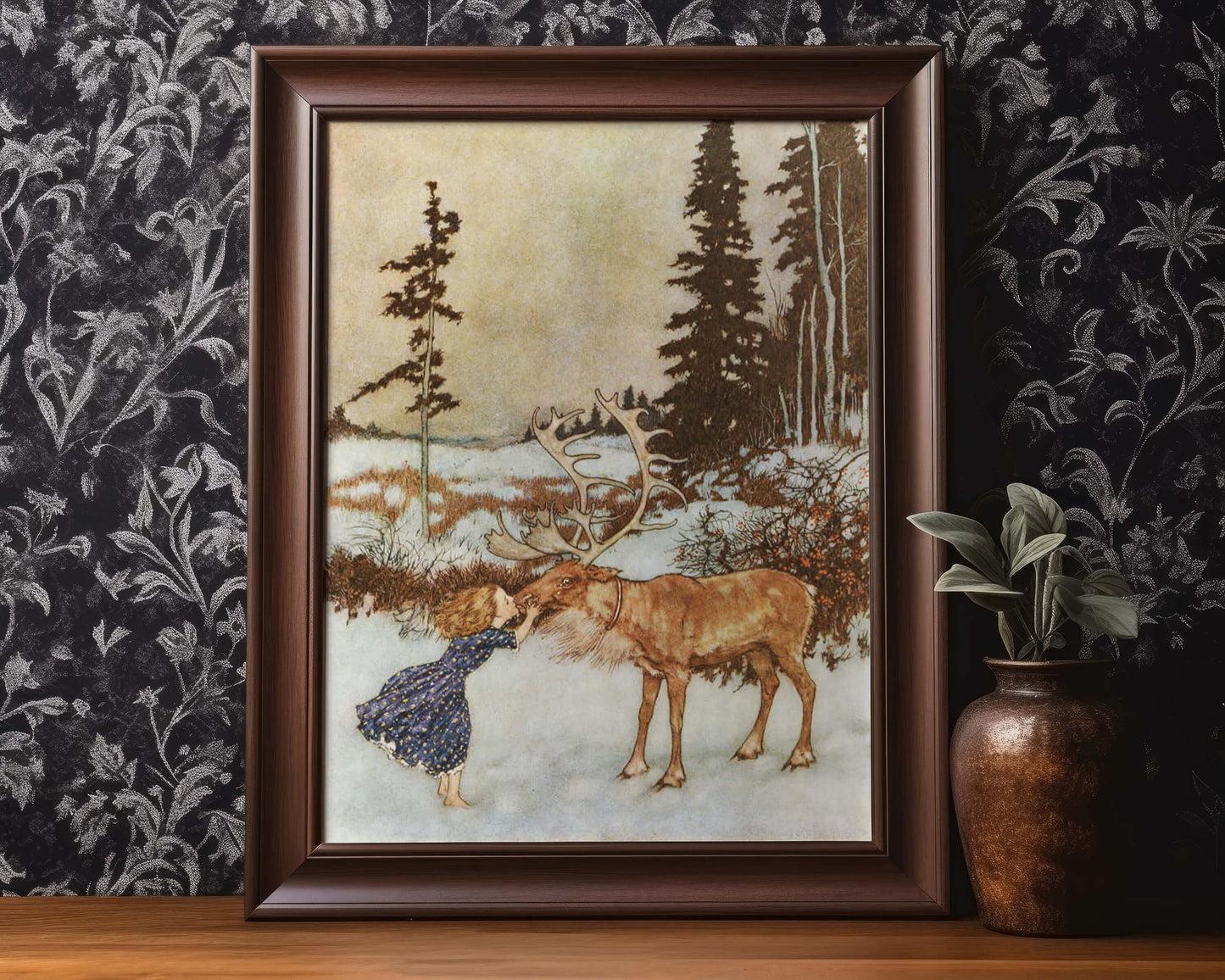 Gerda and the Reindeer | 1911 | Sweet girl kissing a reindeer | Christmas woodland | Edmund Dulac book illustration | Fantasy wall art