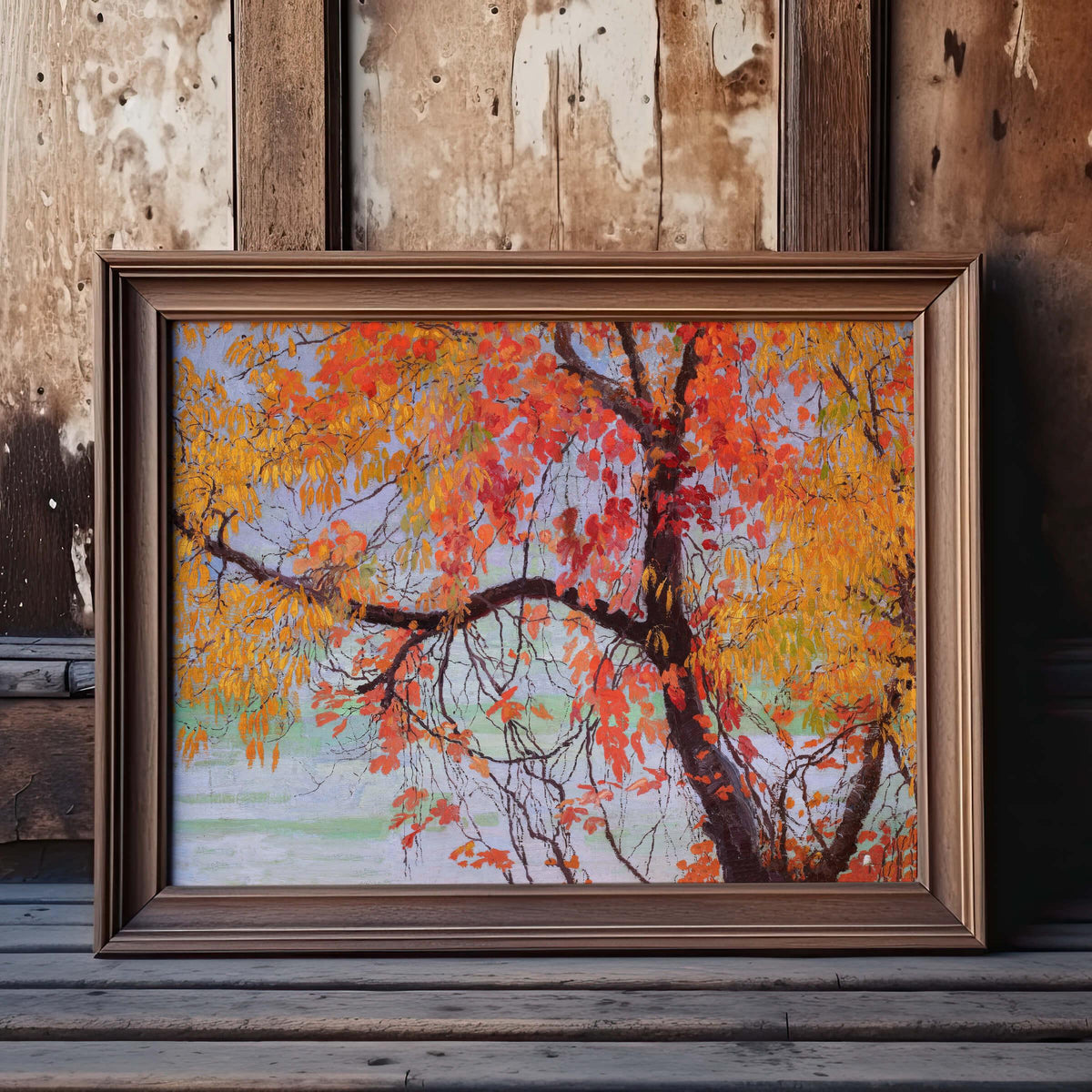 Autumn Leaves | 1912 | Vintage woodland wall art | Colorful antique Tree painting | Cabin, lake art | Fall decor