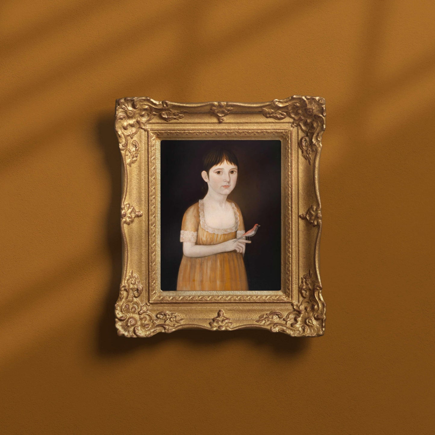 Girl with a Bird | 19th c. | American folk-art portrait | Americana wall art | Antique portraiture wall art | Deaf painter