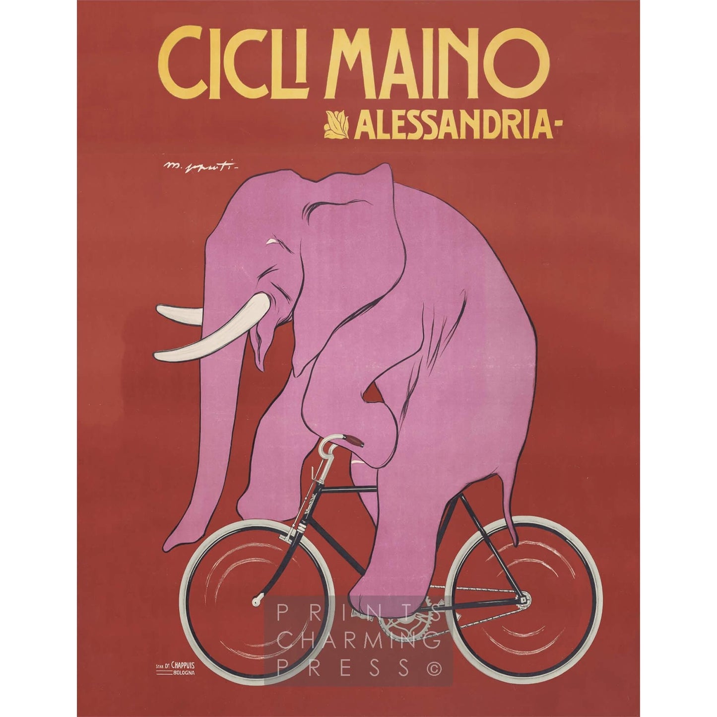 Italian bicycle ad | 19th c. | Vintage Cicli Maino Alessandria | Pink Elephant art | Sport and Animal wall decor