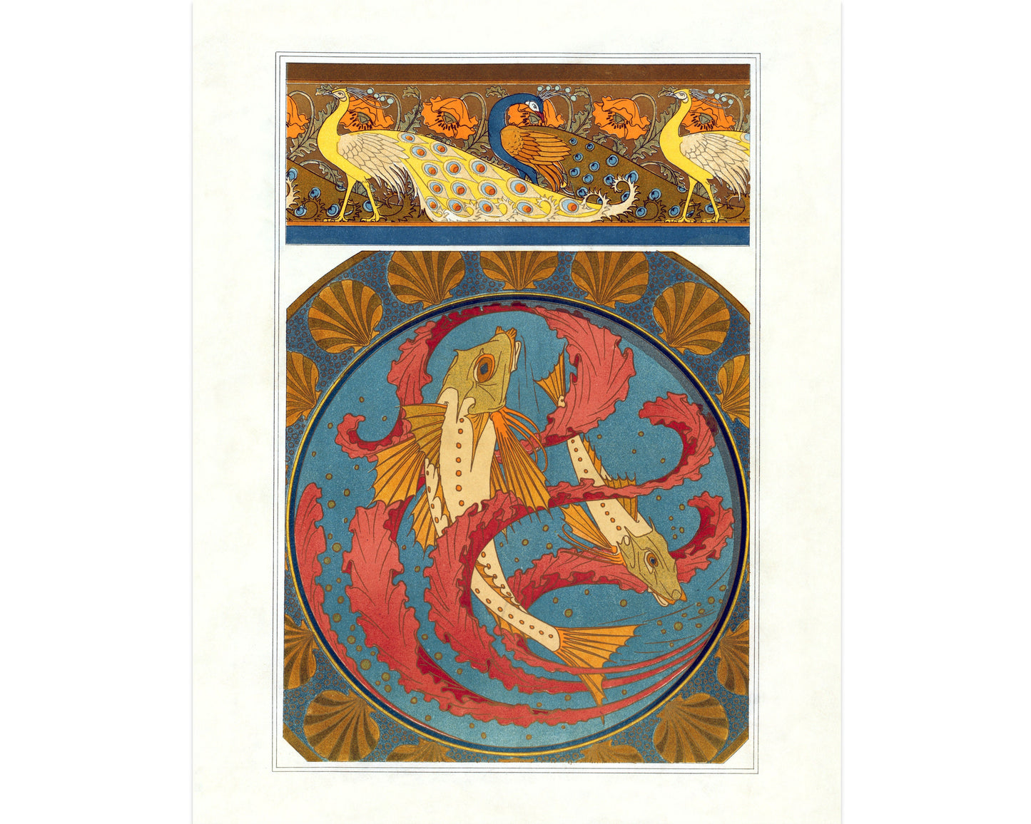 Peacocks and poppies, border. Gurnards, seaweed and shells, cloisonne enamel dish | 1897