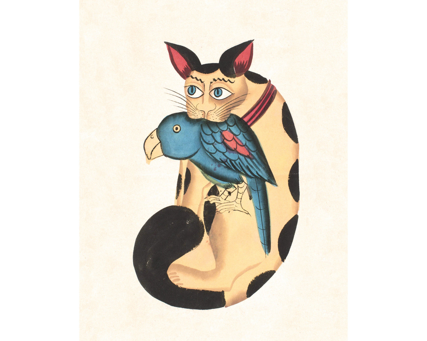 Kalighat Cat "Holding" a Parrot | 19th Century