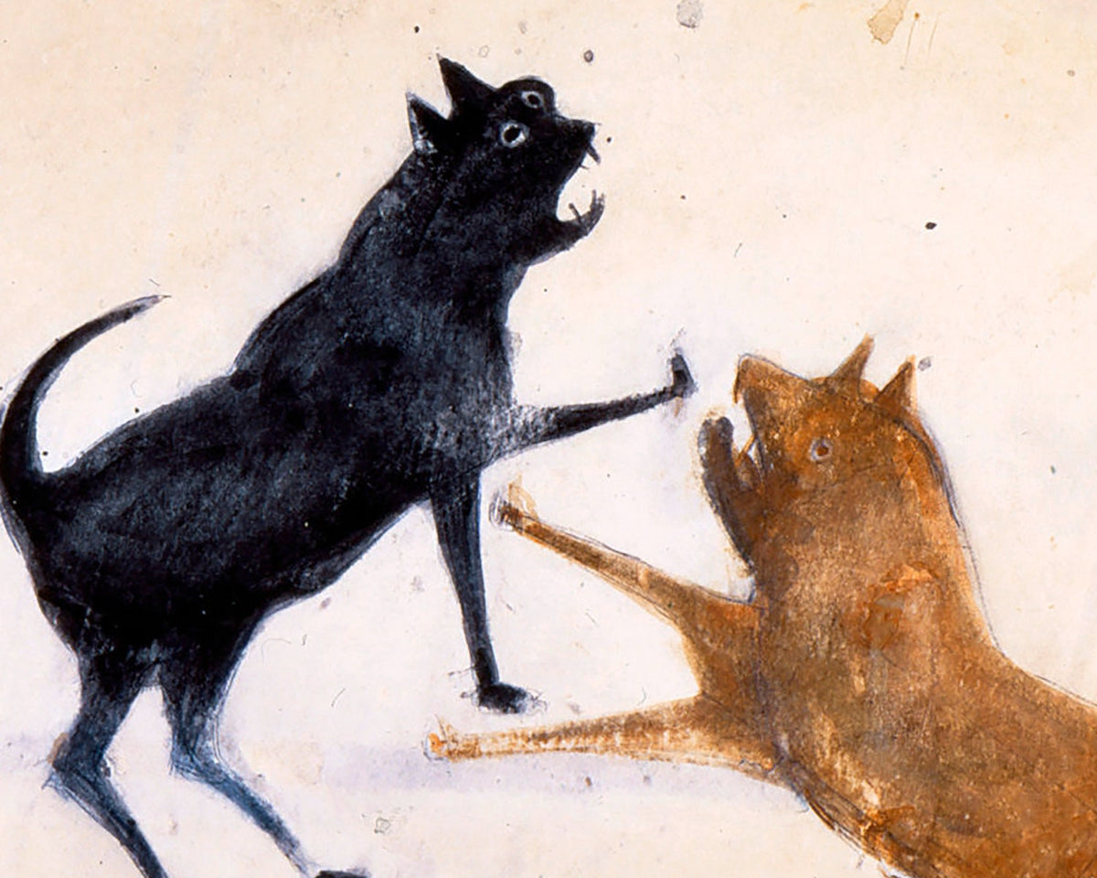Cat and Dog fighting | 1939 | Bill Traylor Americana art | Animal folk art | African American self-taught artist | Modern vintage wall décor