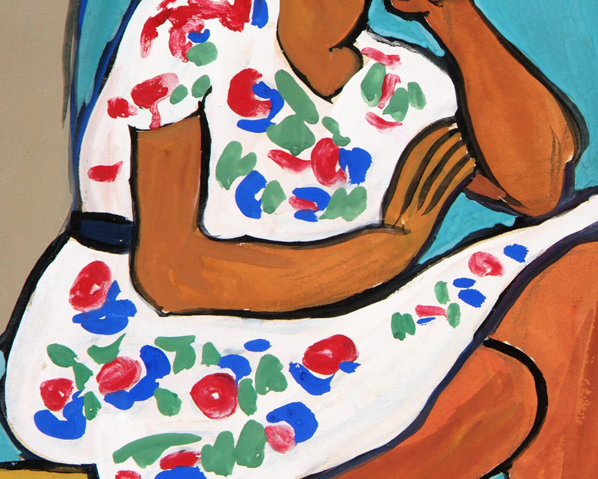 Woman in a flowered dress | 1939 | Vintage African American folk art | Black artist | Primitive Americana wall art | Person of color art