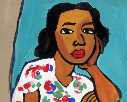 Woman in a flowered dress | 1939 | Vintage African American folk art | Black artist | Primitive Americana wall art | Person of color art