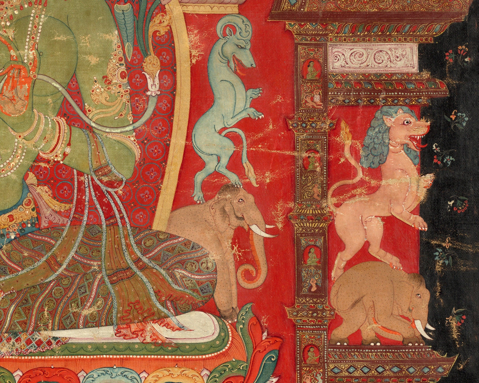 Green Tara | 1260 | Tibetan art print | Buddhist Goddess Spiritual wall art | Female deity | Vintage Nepalese animals | Eastern decor