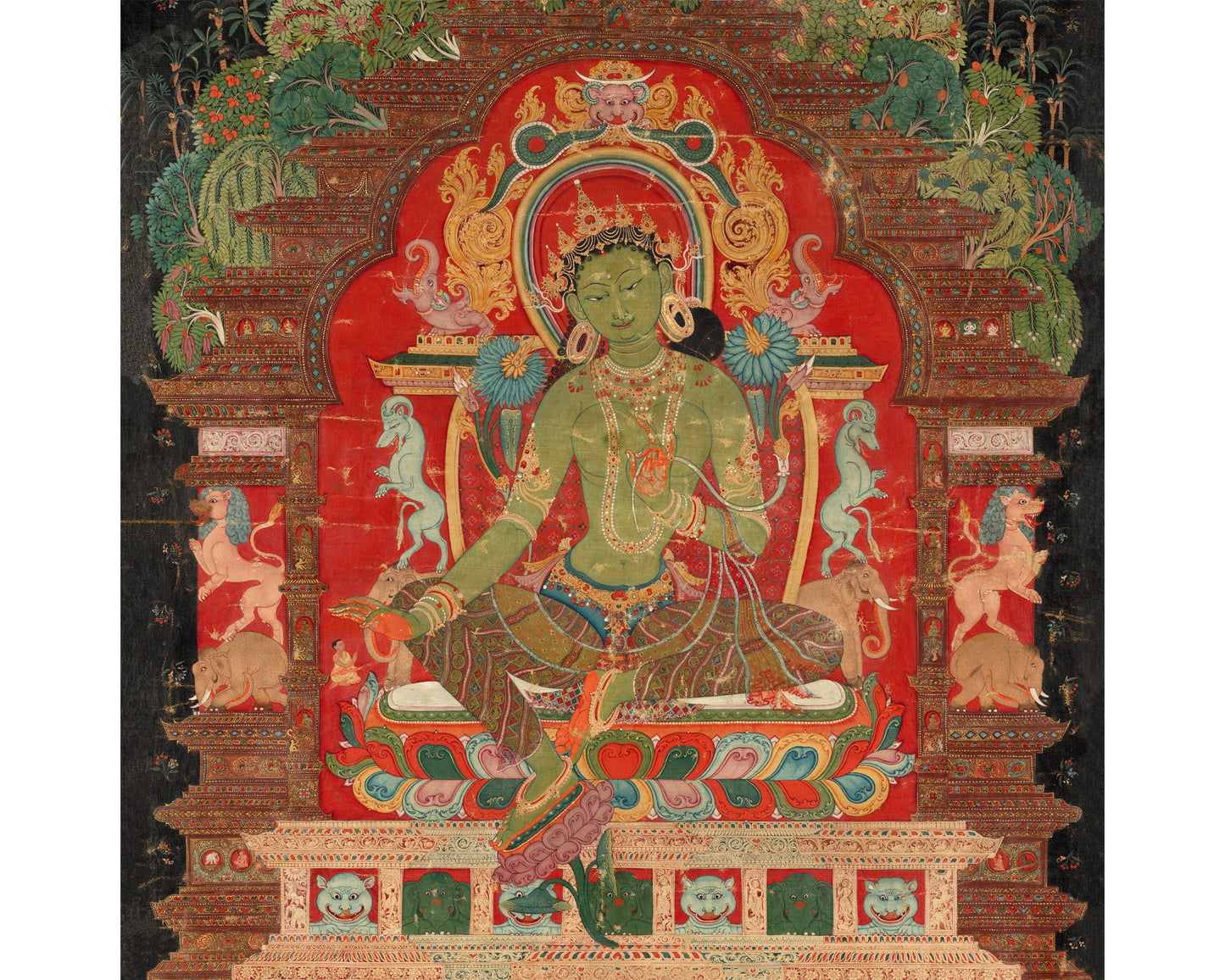 Green Tara | 1260 | Tibetan art print | Buddhist Goddess Spiritual wall art | Female deity | Vintage Nepalese animals | Eastern decor