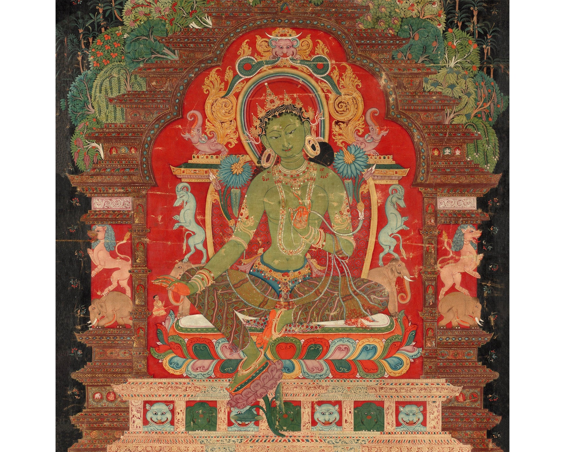 Green Tara | 1260 | Tibetan art print | Buddhist Goddess Spiritual wall art | Female deity | Vintage Nepalese animals | Eastern decor