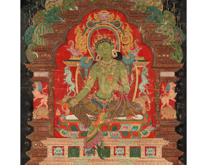 Green Tara | 1260 | Tibetan art print | Buddhist Goddess Spiritual wall art | Female deity | Vintage Nepalese animals | Eastern decor