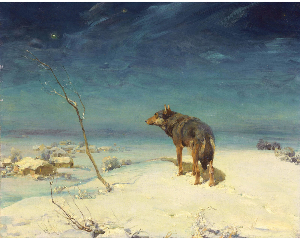Lone wolf | 1890 | Vintage wildlife art print | Winter painting | Animal wall art | Alfred Wierusz Kowalski | Polish artist