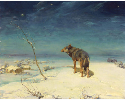 Lone wolf | 1890 | Vintage wildlife art print | Winter painting | Animal wall art | Alfred Wierusz Kowalski | Polish artist