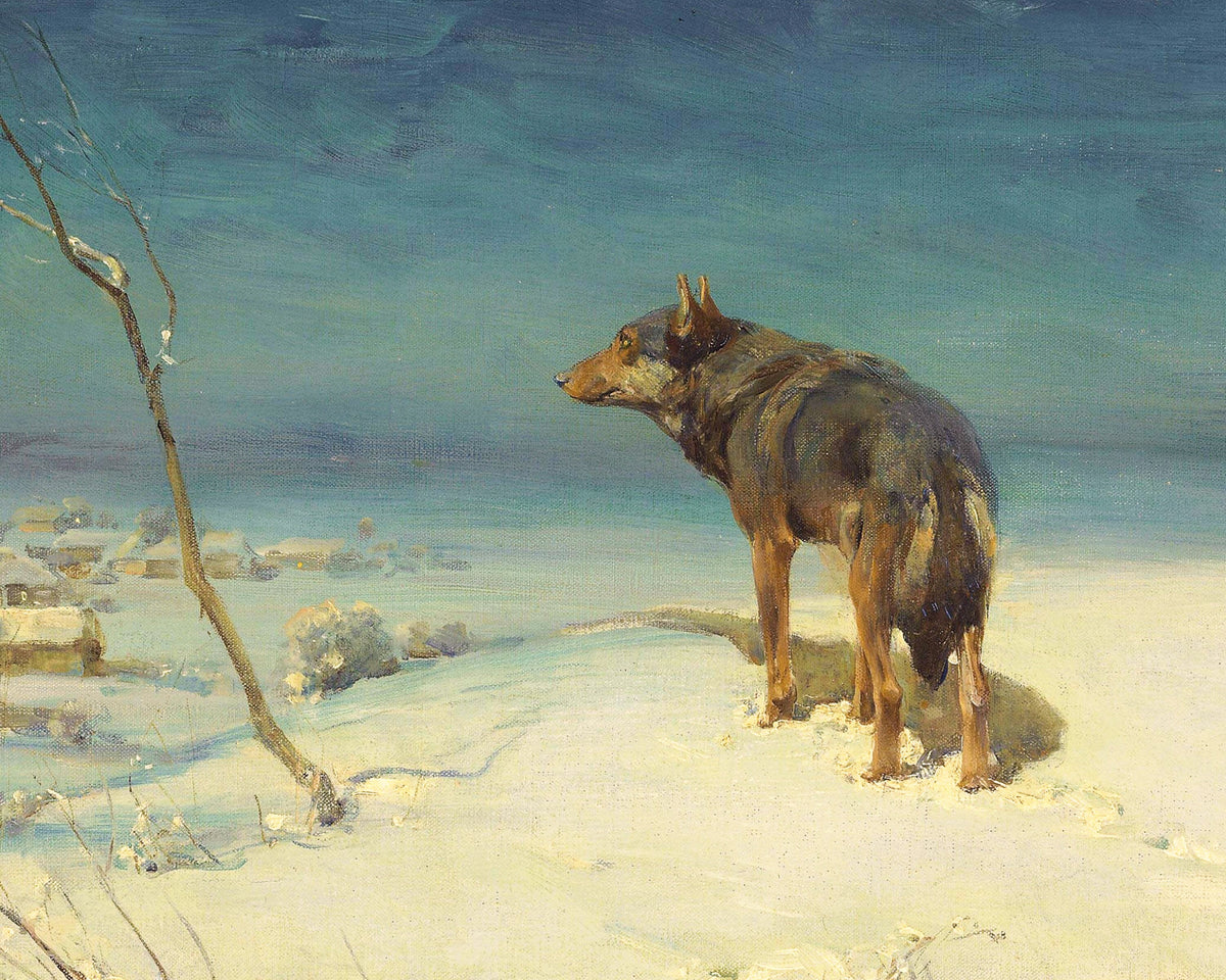 Lone wolf | 1890 | Vintage wildlife art print | Winter painting | Animal wall art | Alfred Wierusz Kowalski | Polish artist