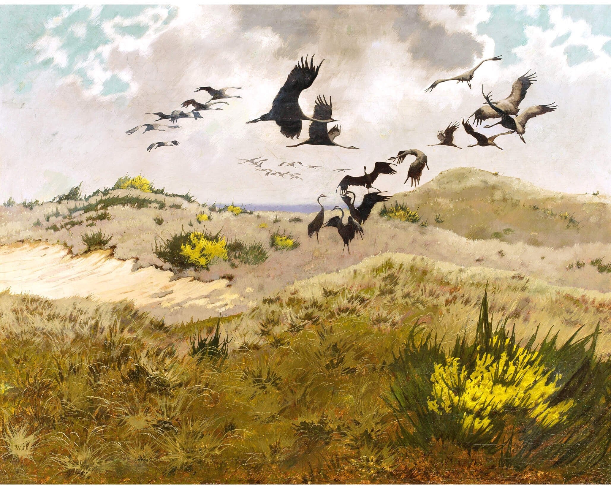 Arrival of Cranes | 1911 | Vintage coastal fine art | Natural