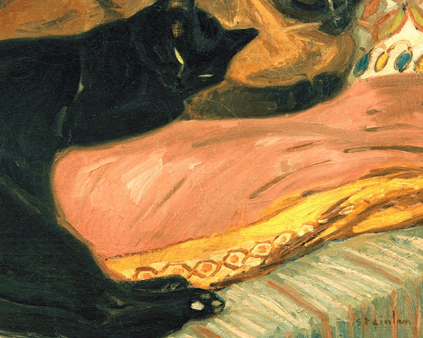 Two Cats on a Cushion | 1896 | Black and Siamese fine art print | Art nouveau woodcut | French artist | Theophile Steinlen | 19th century