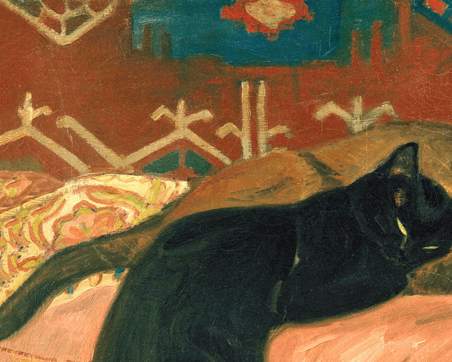 Two Cats on a Cushion | 1896 | Black and Siamese fine art print | Art nouveau woodcut | French artist | Theophile Steinlen | 19th century