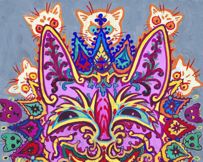 Collar Cat | 1900 | Louis Wain retro fine art | Fun wall decor | Kitsch painting | Cute animal | Vintage outsider art | Colorful goache