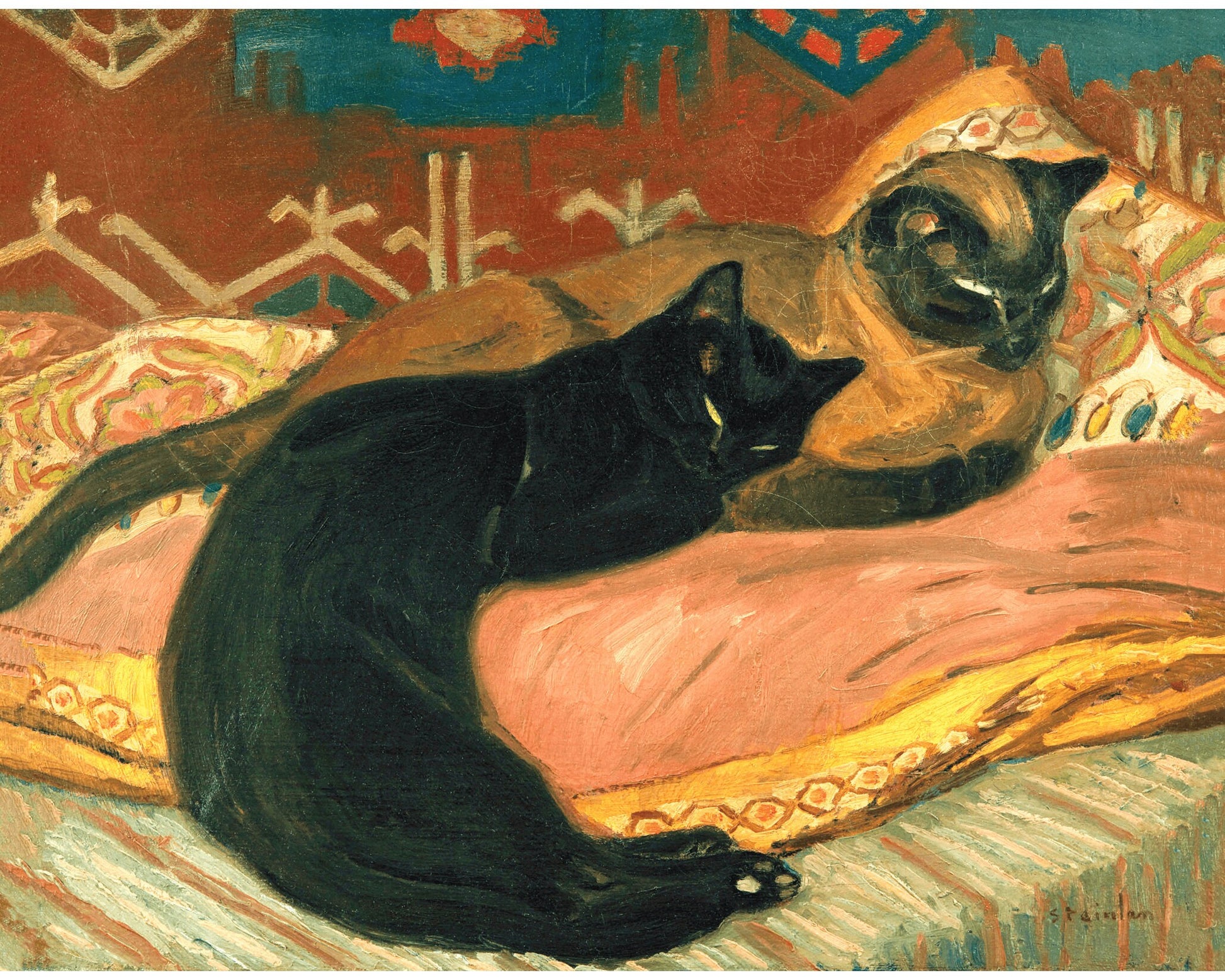 Two Cats on a Cushion | 1896 | Black and Siamese fine art print | Art nouveau woodcut | French artist | Theophile Steinlen | 19th century