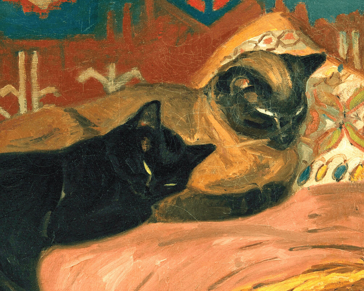 Two Cats on a Cushion | 1896 | Black and Siamese fine art print | Art nouveau woodcut | French artist | Theophile Steinlen | 19th century