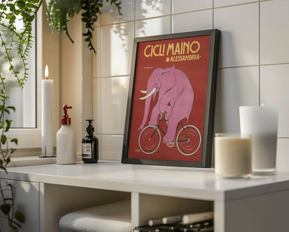 Italian bicycle ad | 19th c. | Vintage Cicli Maino Alessandria | Pink Elephant art | Sport and Animal wall decor