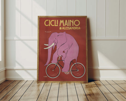 Italian bicycle ad | 19th c. | Vintage Cicli Maino Alessandria | Pink Elephant art | Sport and Animal wall decor