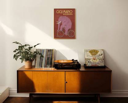 Italian bicycle ad | 19th c. | Vintage Cicli Maino Alessandria | Pink Elephant art | Sport and Animal wall decor