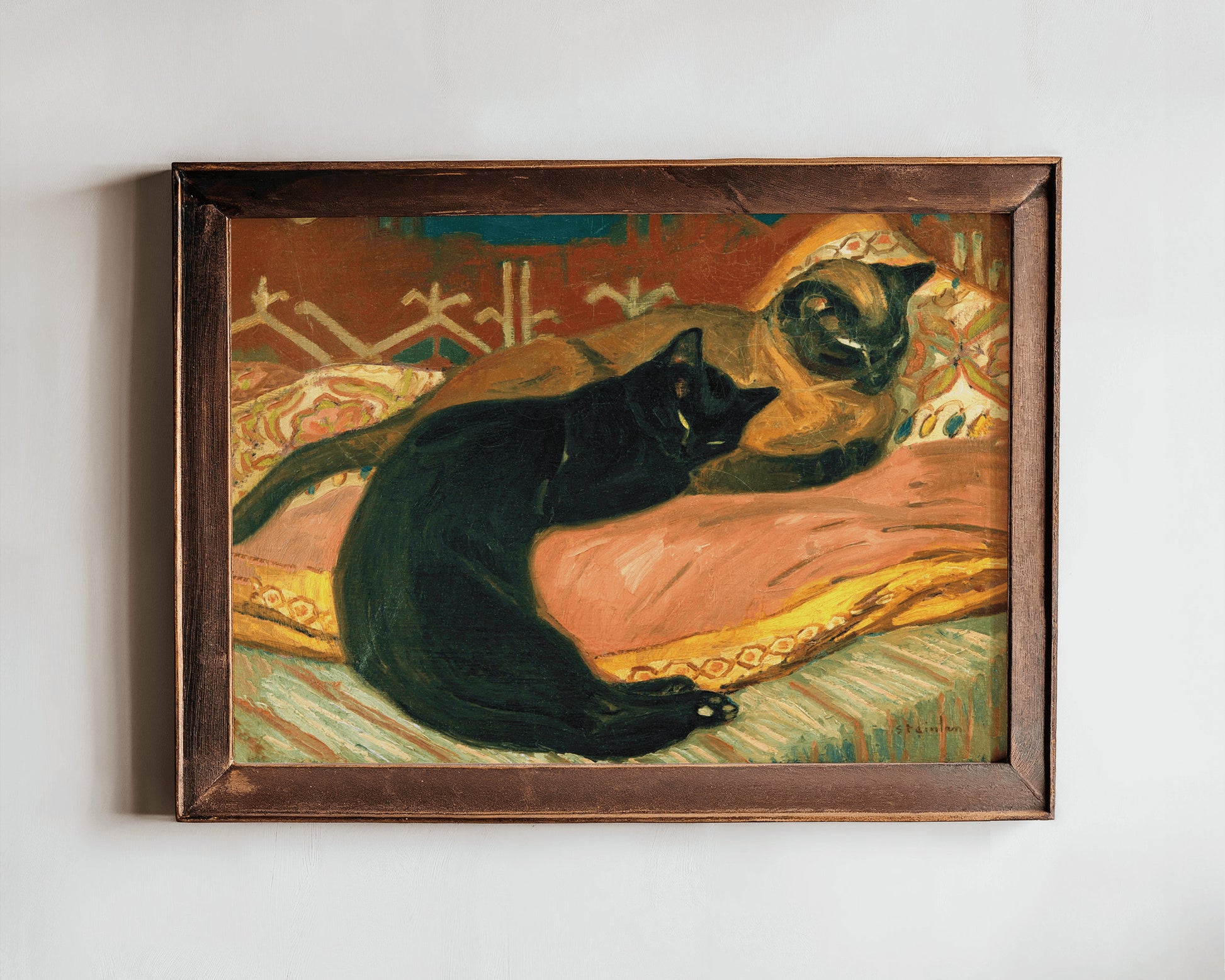 Two Cats on a Cushion | 1896 | Black and Siamese fine art print | Art nouveau woodcut | French artist | Theophile Steinlen | 19th century
