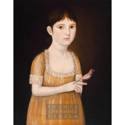 Girl with a Bird | 19th c. | American folk-art portrait | Americana wall art | Antique portraiture wall art | Deaf painter