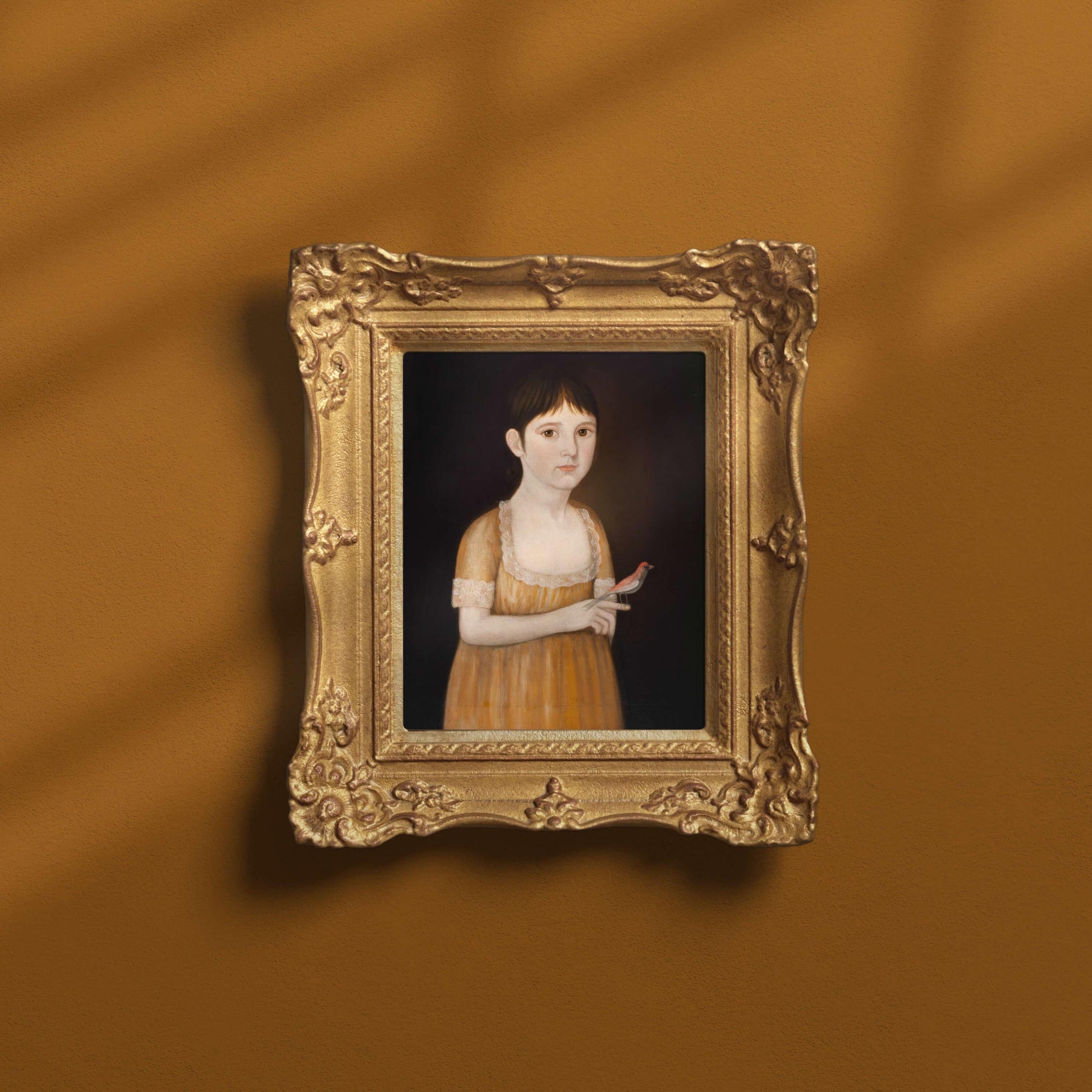 Girl with a Bird | 19th c. | American folk-art portrait | Americana wall art | Antique portraiture wall art | Deaf painter