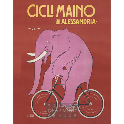 Italian bicycle ad | 19th c. | Vintage Cicli Maino Alessandria | Pink Elephant art | Sport and Animal wall decor