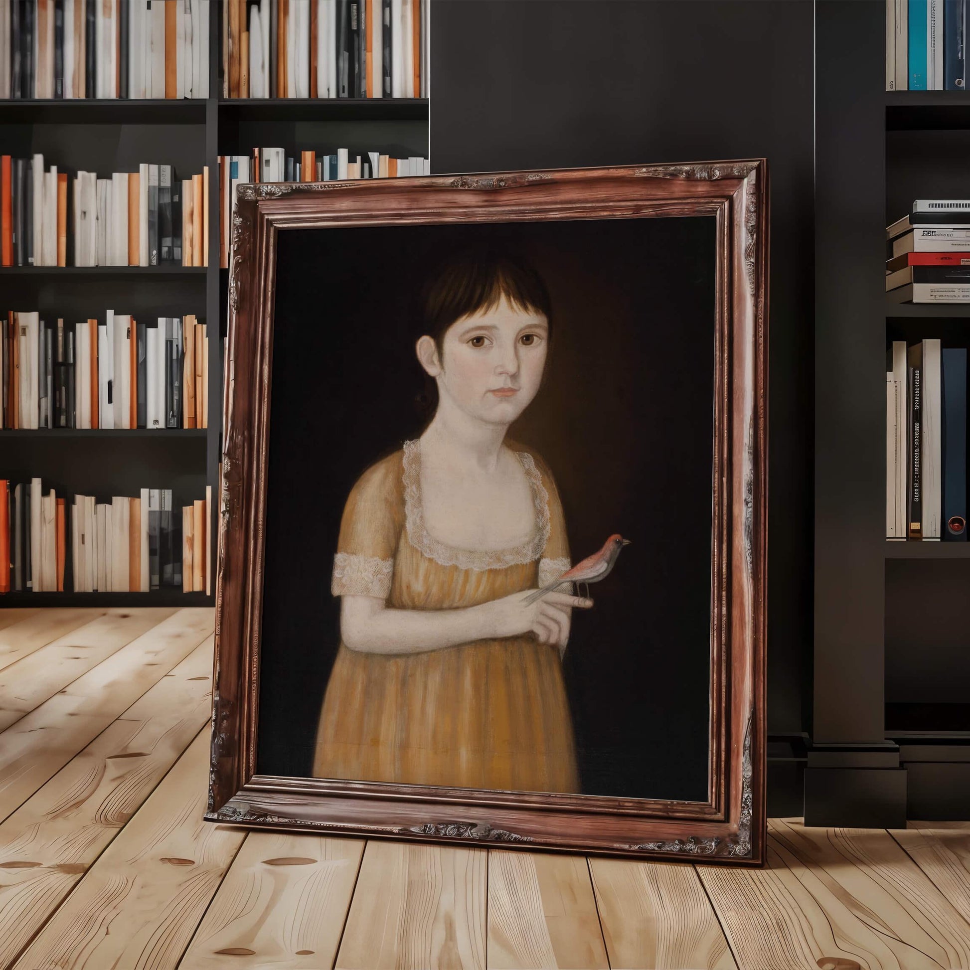 Girl with a Bird | 19th c. | American folk-art portrait | Americana wall art | Antique portraiture wall art | Deaf painter