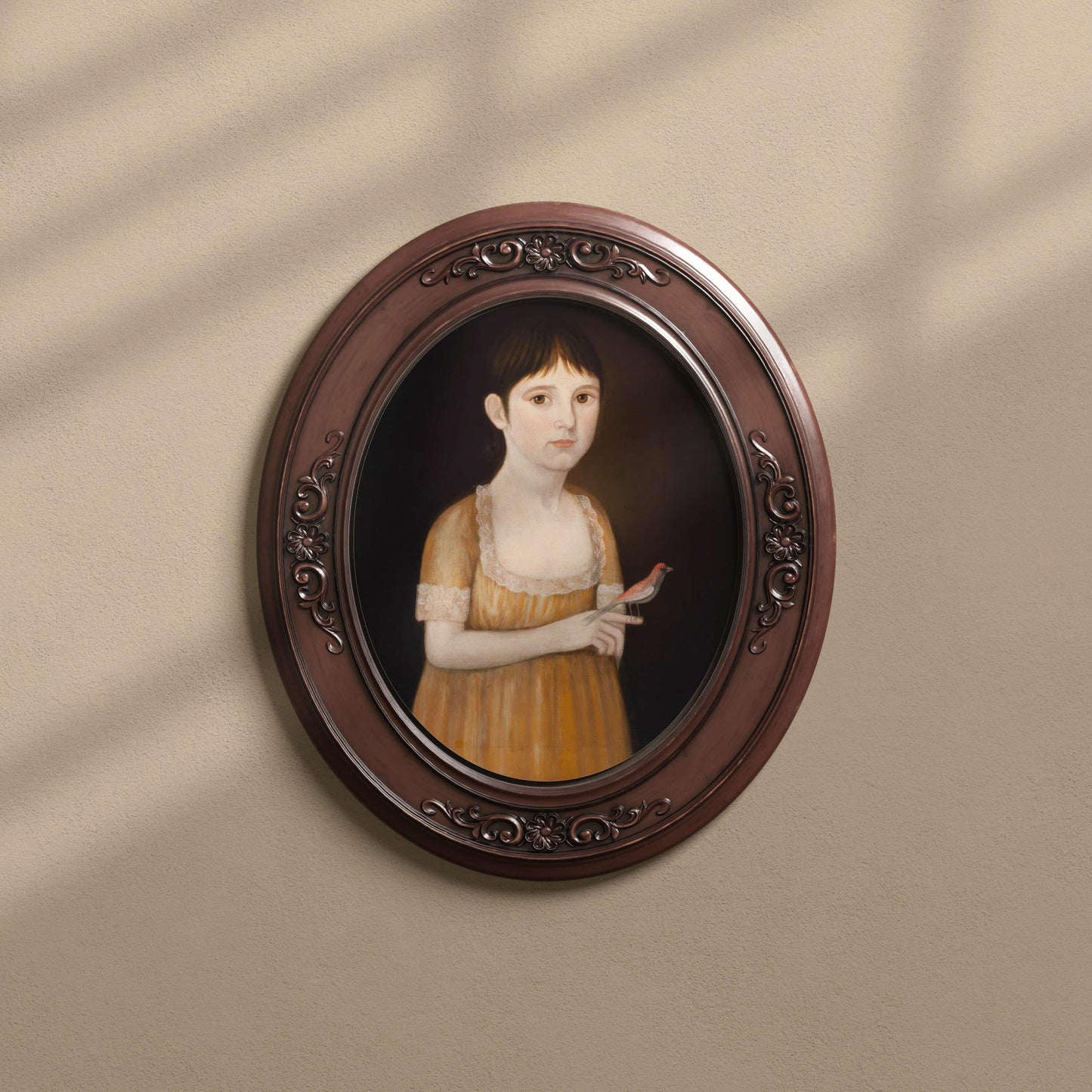 Girl with a Bird | 19th c. | American folk-art portrait | Americana wall art | Antique portraiture wall art | Deaf painter