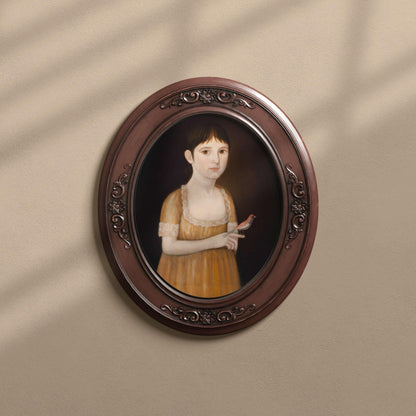 Girl with a Bird | 19th c. | American folk-art portrait | Americana wall art | Antique portraiture wall art | Deaf painter