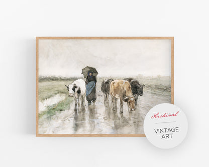 A Herdess with Cows on a Country Road in the Rain | 19th Century