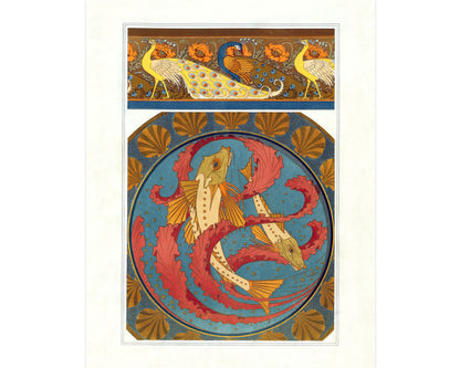 Peacocks and poppies, border. Gurnards, seaweed and shells, cloisonne enamel dish | 1897