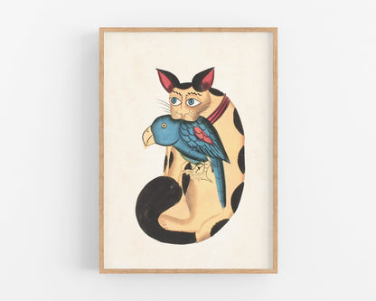 Kalighat Cat "Holding" a Parrot | 19th Century