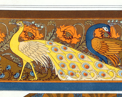 Peacocks and poppies, border. Gurnards, seaweed and shells, cloisonne enamel dish | 1897