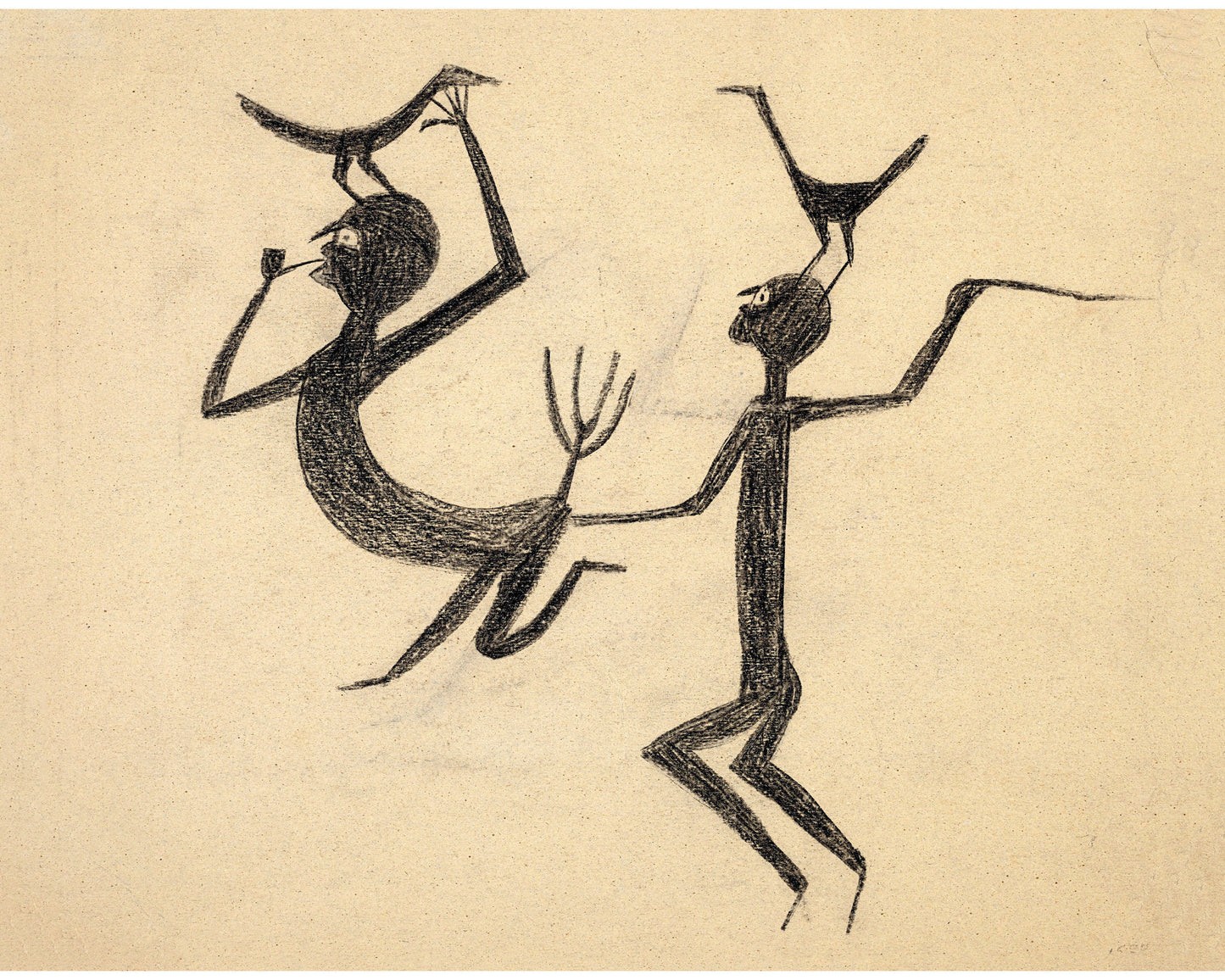Two Figures with Pitchfork and Birds | 20th Century
